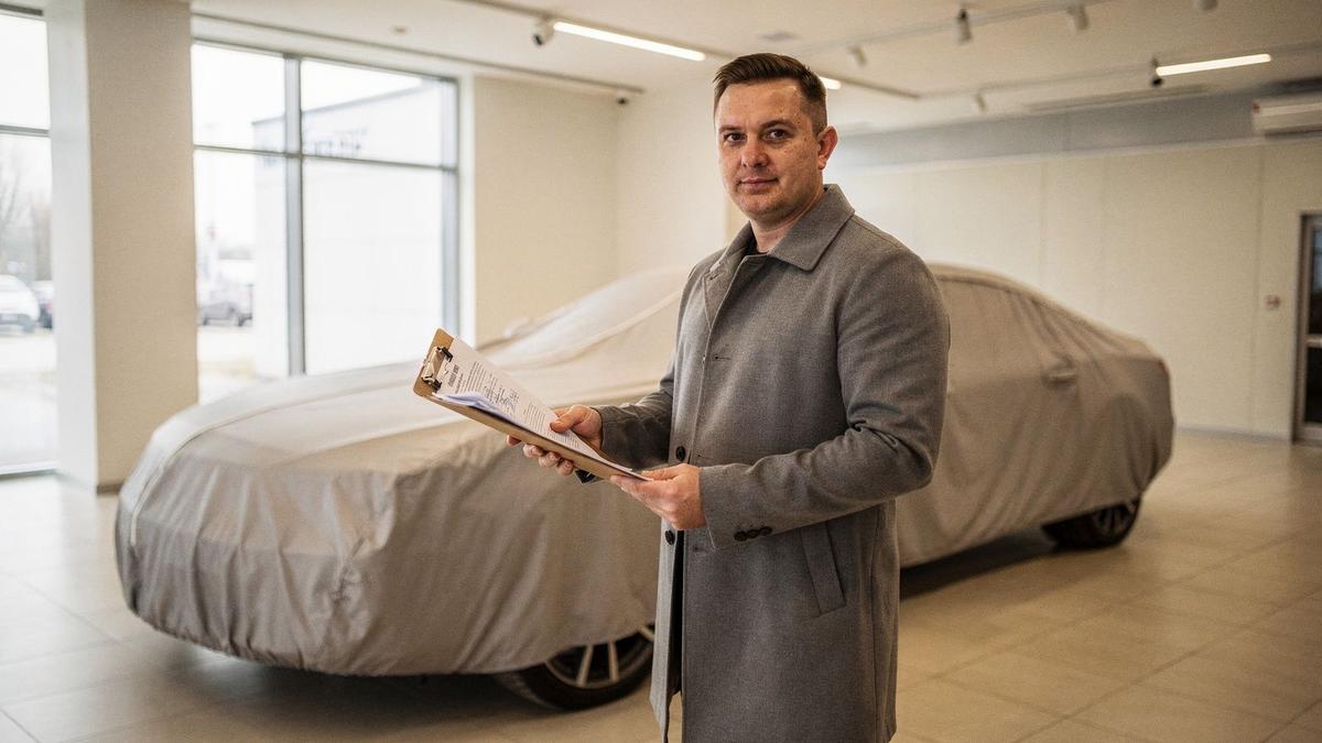 Escrow agent reviewing a signed inspection dossier beside a covered luxury car in a Kyiv handover bay